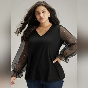 NWT BloomChic Black Faux Pearl Beaded Sleeve T-Shirt Size 18-20 / 2X